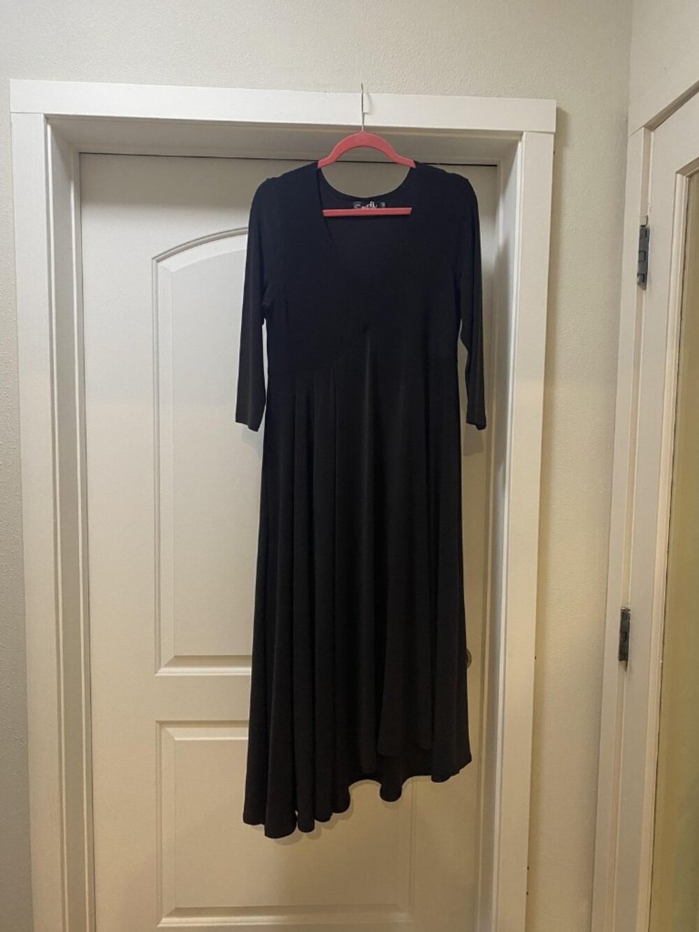 Sympli Dress Womens 12 Black Jersey 3/4 Sleeve Scoop Neck Swing Long Maxi